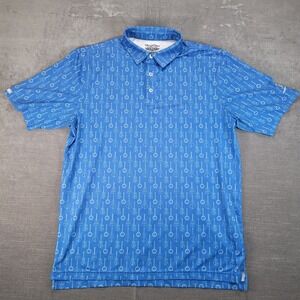 Straight Down Performance Polo Shirt Mens L‎ Blue Guitar Banjo Print Golf Logo